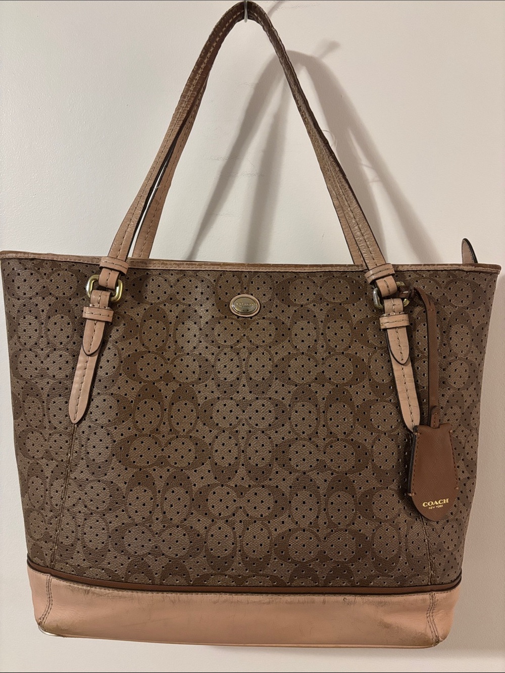 Coach Peyton Brown Signature Perforated Tote with Blush Trim and Leather Tag
